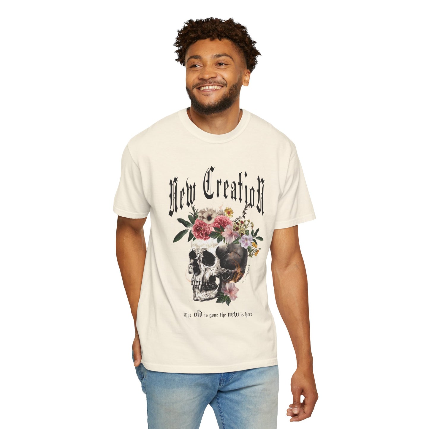 2 Corinthians 5:17 Skull & Flower T-Shirt — New Creation Christian Tee