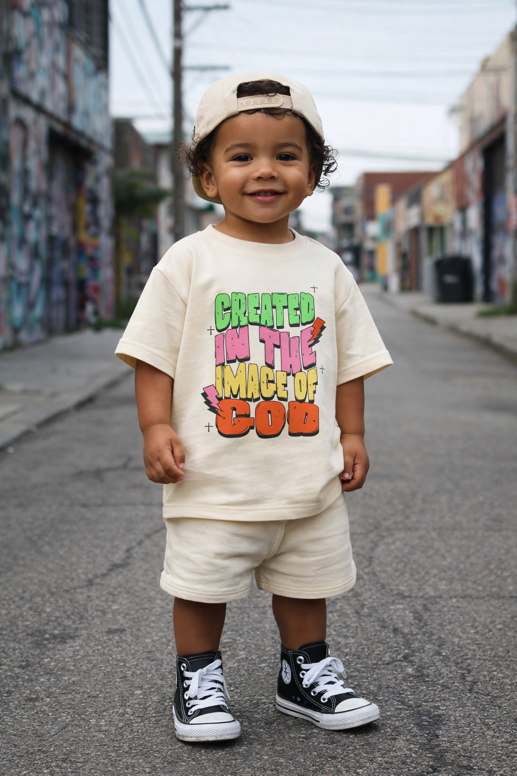 Toddler Tee – "Created in the Image of God" Colorful Christian Graphic